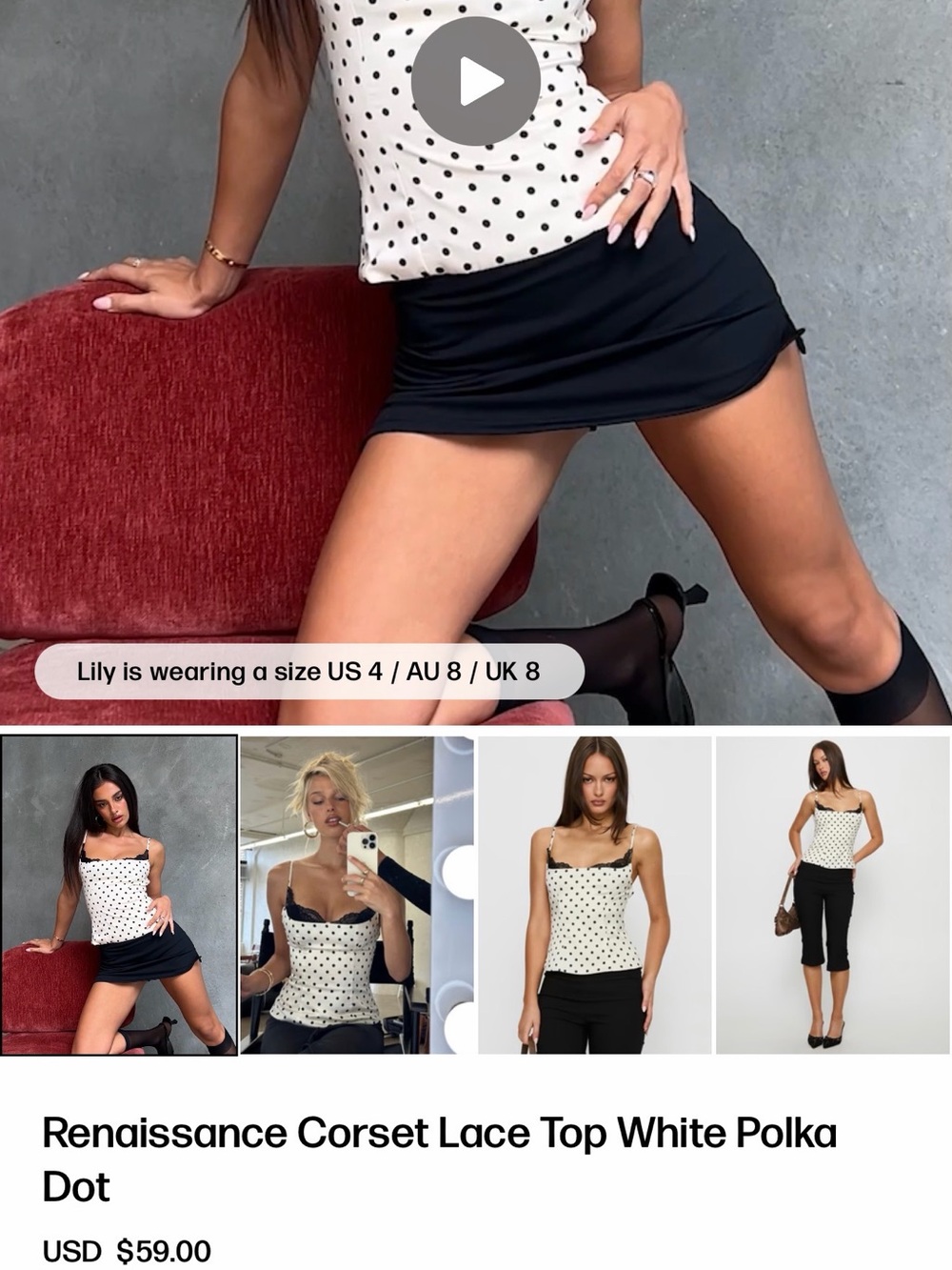 Princess Polly Black Polka Dot Lace Trim Cami on Cream was given to me as PR
